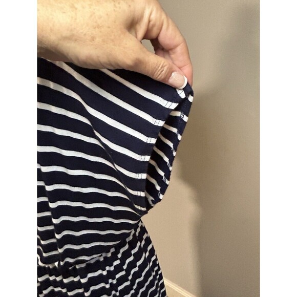 GREEN ENVELOPE Navy Blue White Striped Short Sleeve Cinched Waist Maxi Dress Med - Picture 4 of 9